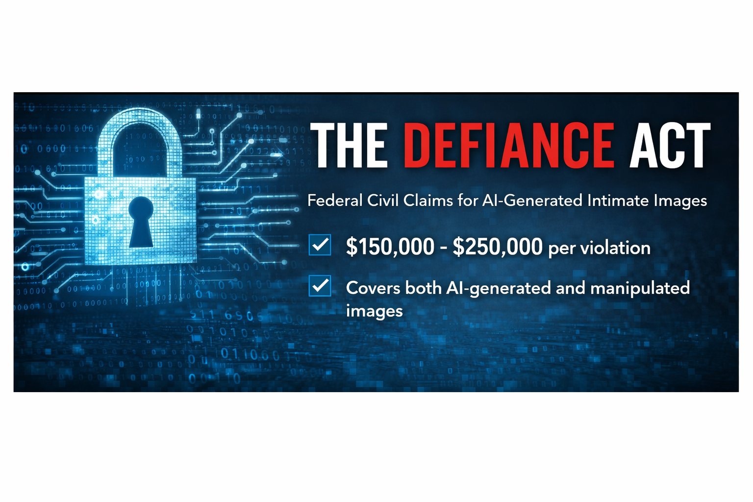 The DEFIANCE Act federal civil claims for AI-generated intimate images with damages up to $250,000 and coverage of manipulated images