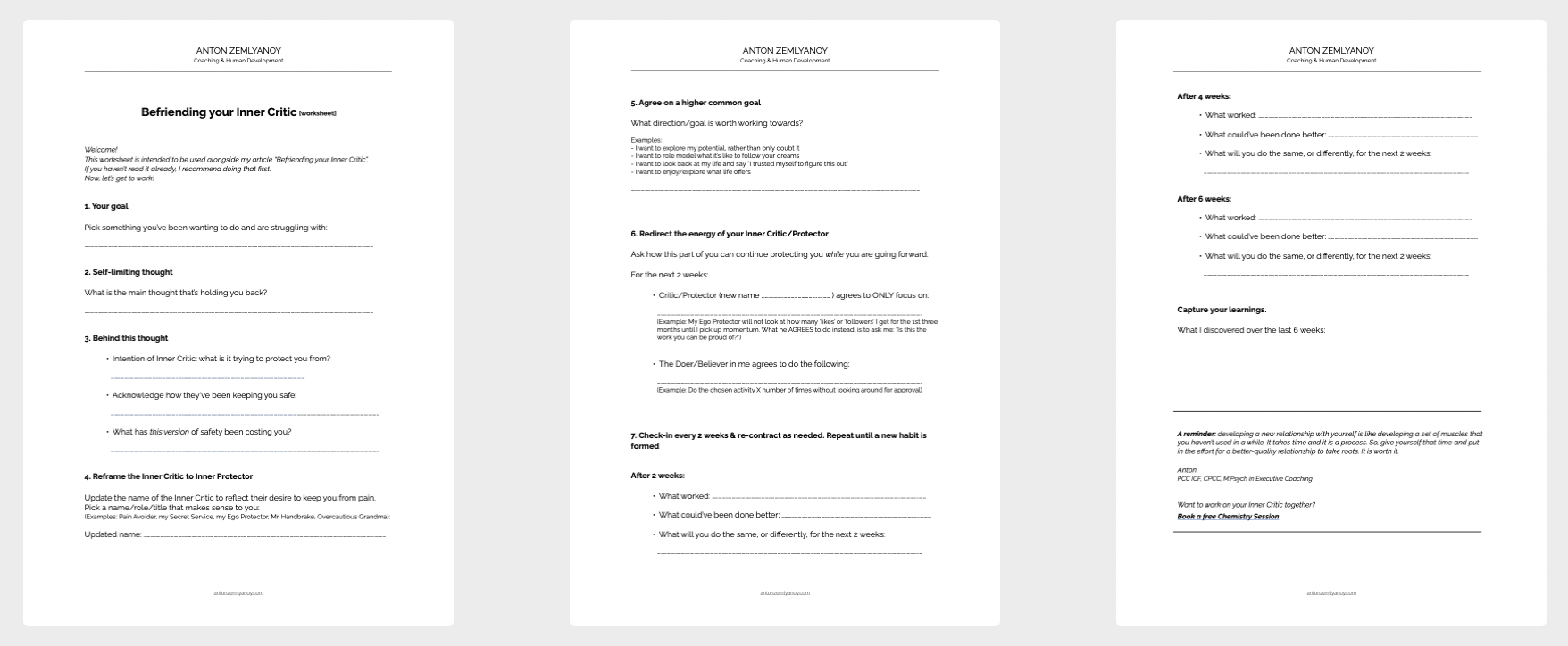 Inner critic coaching worksheets collection preview for self-talk exercises and befriending your inner critic by Anton Zemlyanoy