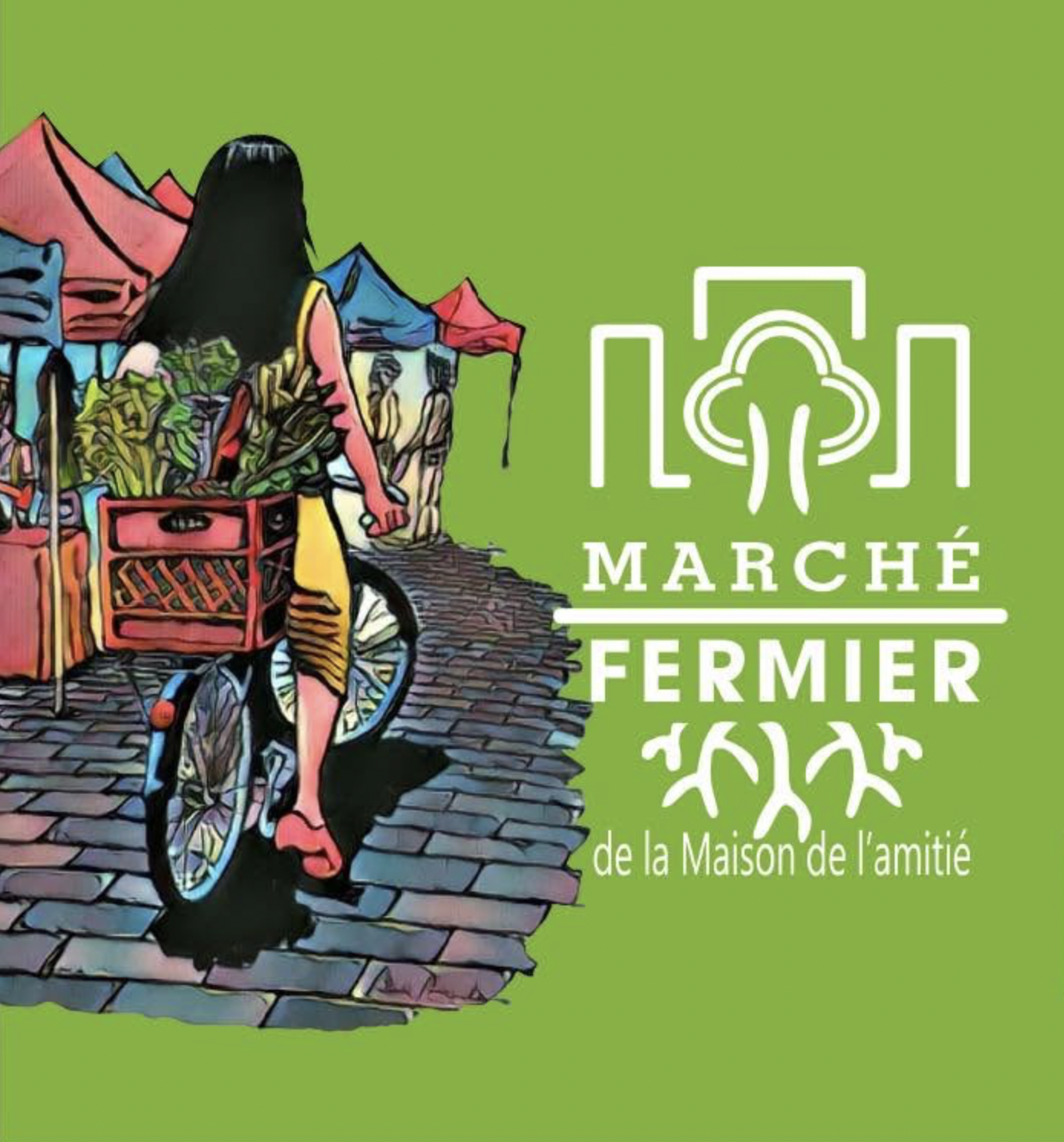 Affiche pour le Marché du Printemps au Locoshop Angus à Montréal, avec un dessin d'une femme en promenade à vélo dans un décor printanier, date 26 & 27 avril et 3 & 4 mai 2025.