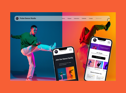 Website homepage and mobile app screens for Pulse Dance Studio, showing a dancer and promotional content.