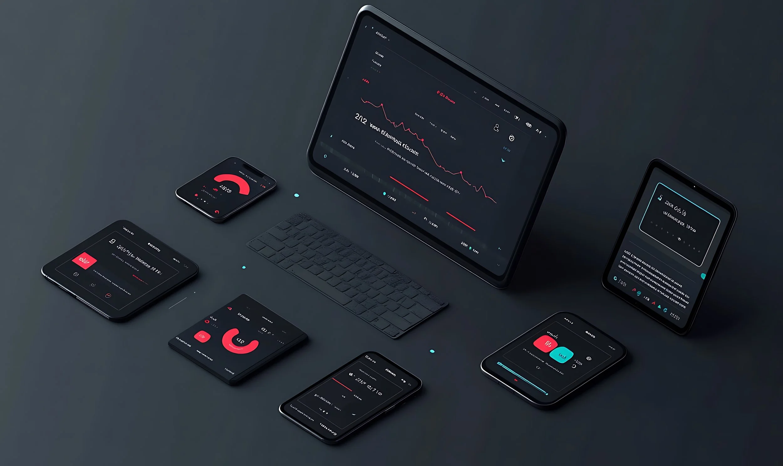 Modern dark theme interface on multiple devices