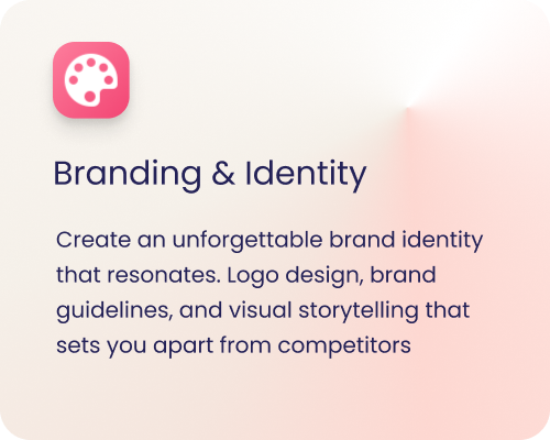 Slide titled 'Branding & Identity' with text about creating an unforgettable brand identity, including logo design, brand guidelines, and visual storytelling to differentiate from competitors, and a pink palette icon with a palette graphic.