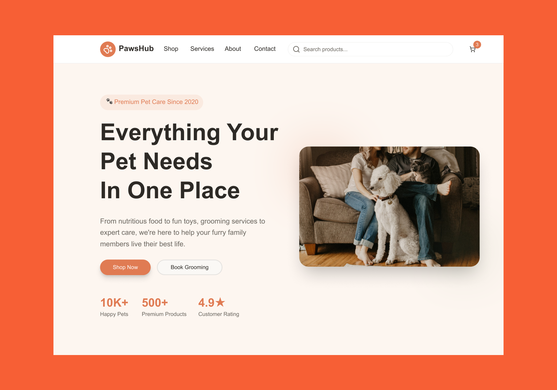 Screenshot of a pet care website homepage featuring a woman and man sitting on a couch with their dog, promotional text about pet needs, and a navigation menu.