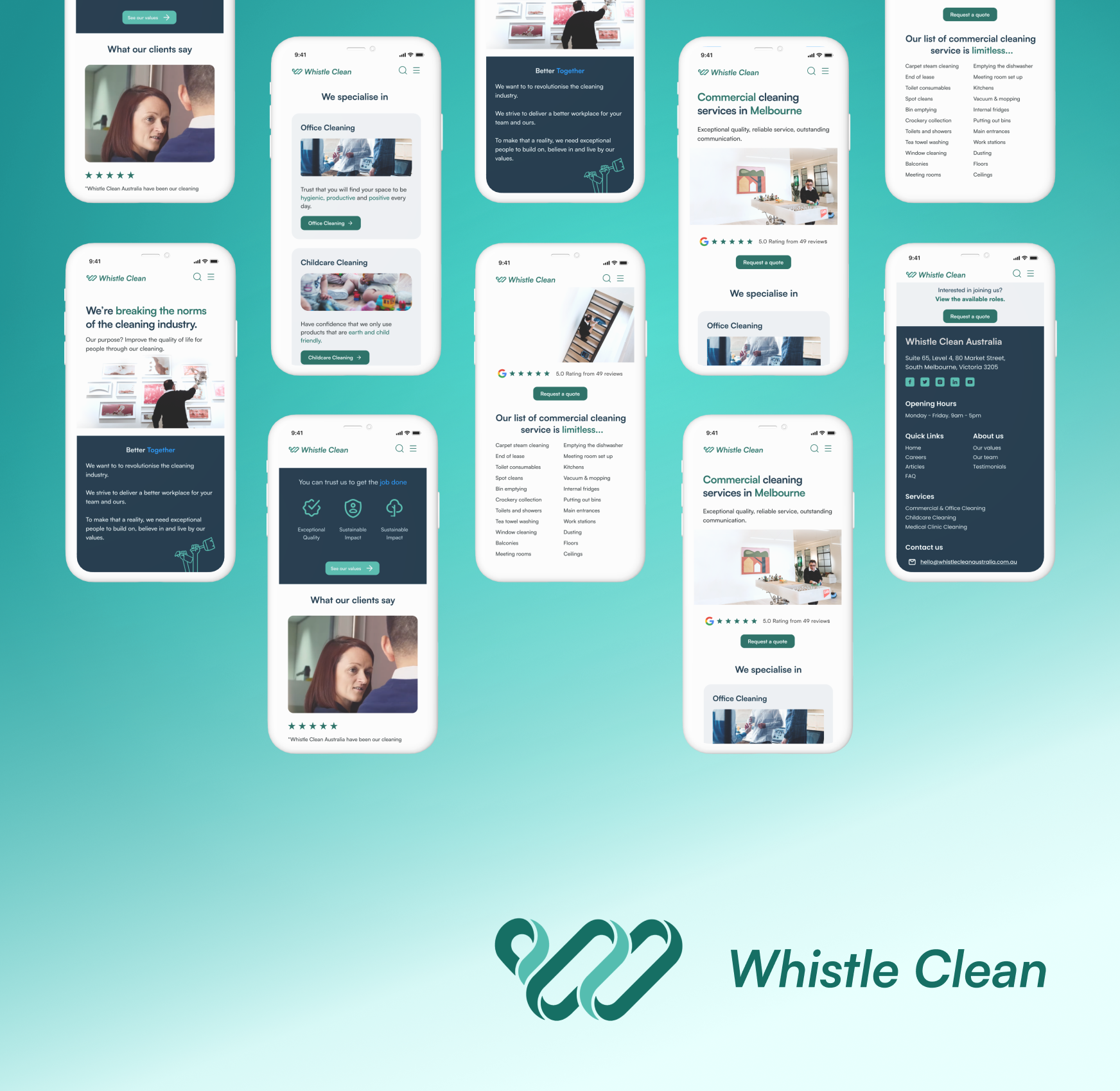 Mobile app interface for Whistle Clean, showcasing features like client testimonials, service lists, and cleaning specialties with a logo at the bottom.