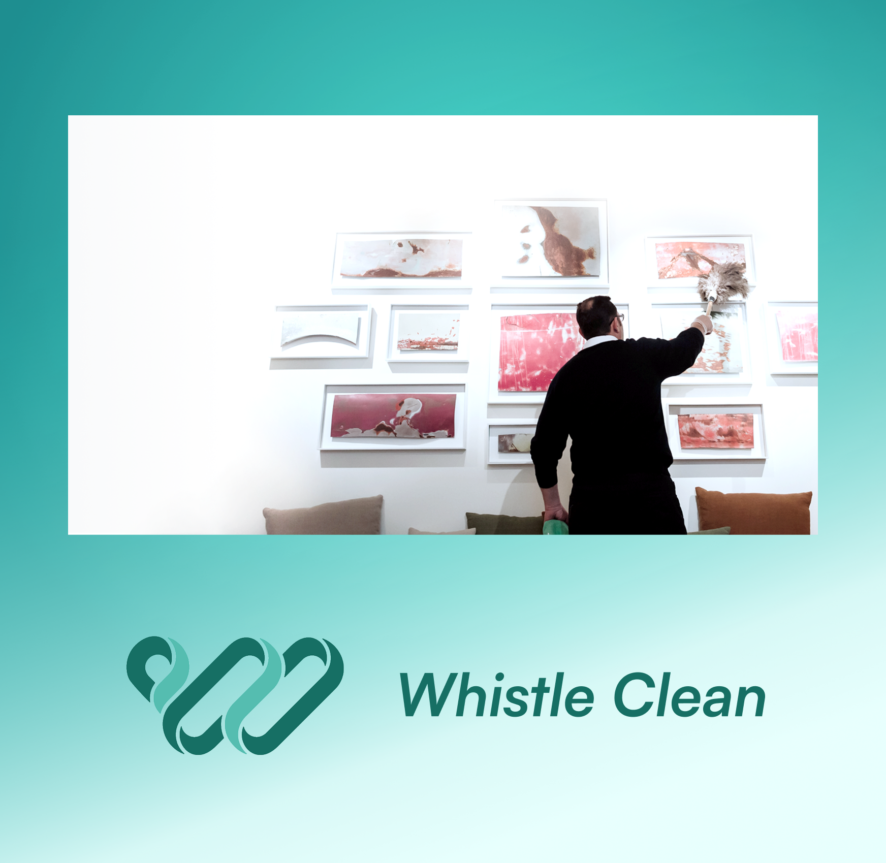 Person cleaning picture frames with a duster on a wall, accompanied by the "Whistle Clean" logo at the bottom.