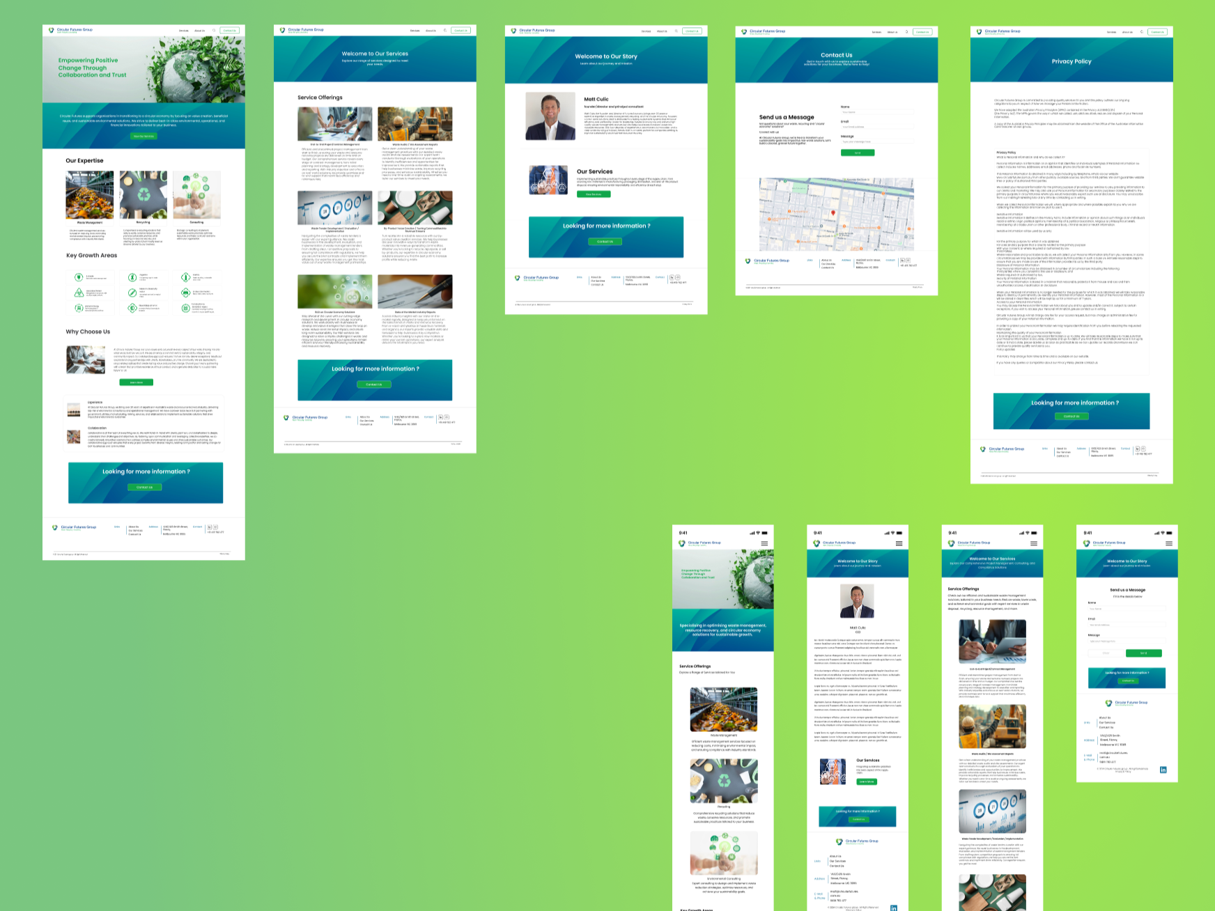 Screenshots of a corporate website with sections including a homepage, service offerings, about story, contact form, privacy policy, and footer; color scheme predominantly green and blue.