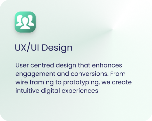 Screen displaying a UX/UI design overview with an icon of two user silhouettes and text about user-centered design for digital experiences.