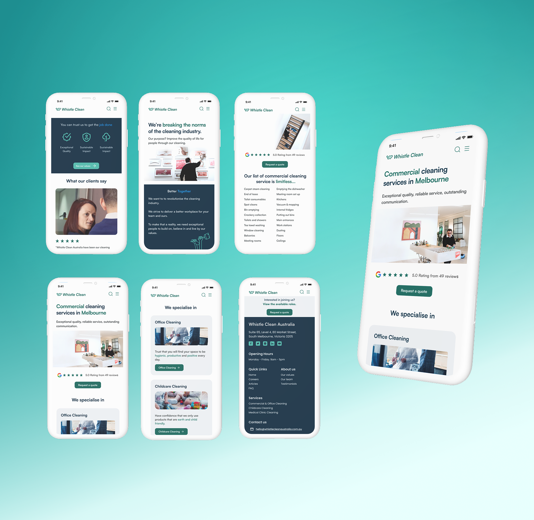 Mockup of a commercial cleaning service website displayed on smartphone screens, showcasing pages like client testimonials, cleaning services offered in Melbourne, and contact information on a teal background.