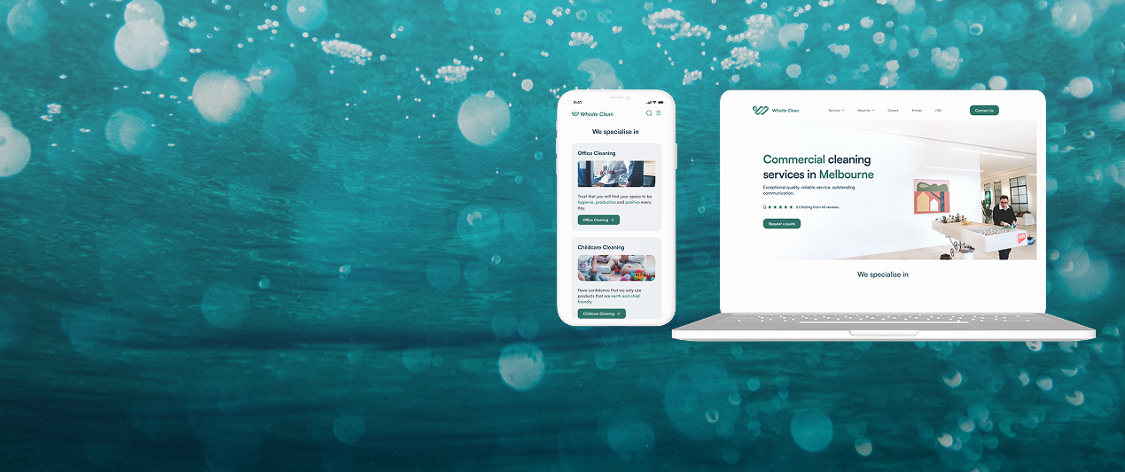 A laptop and smartphone showing a cleaning service website against a blue water background with bubbles.