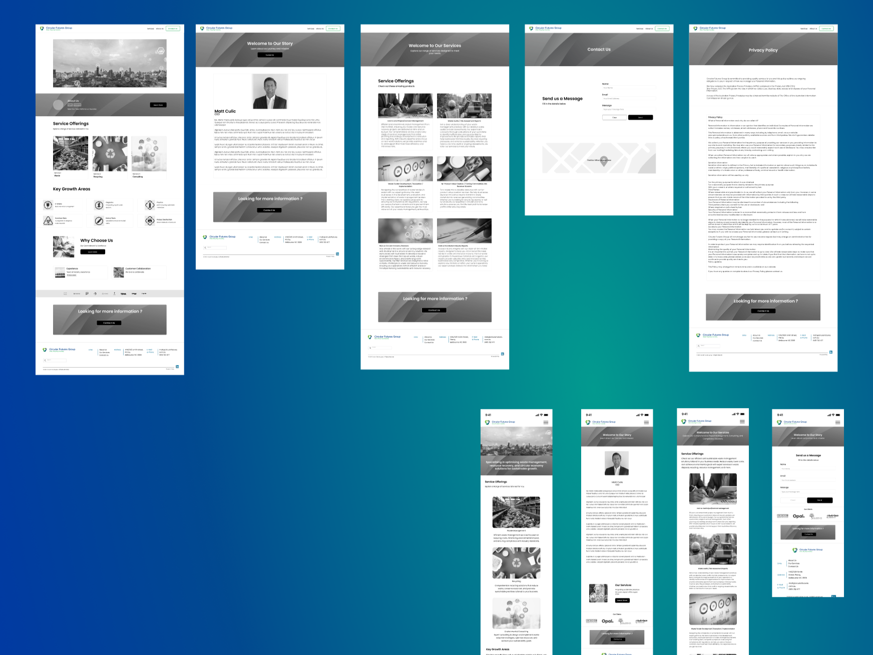 Screenshots of a website with sections labeled 'Welcome to Our Story,' 'Our Services,' 'Contact Us,' and 'Privacy Policy,' featuring grayscale images, example profiles, service offerings, and contact forms.
