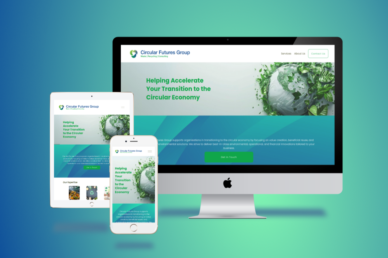 Website displayed on a desktop computer, tablet, and smartphone screens for Circular Futures Group, focusing on helping transition to a circular economy, with a green and blue color scheme and an Earth surrounded by green leaves.