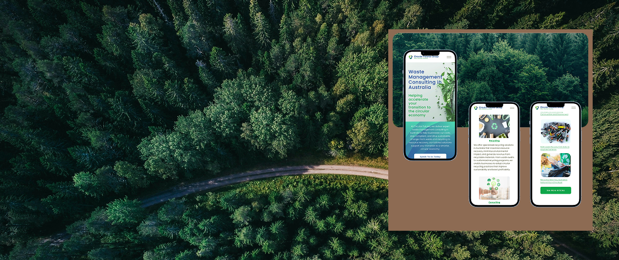 Aerial view of a dense forest with a narrow road running through it, and inset images of mobile devices displaying a waste management consulting company's website.
