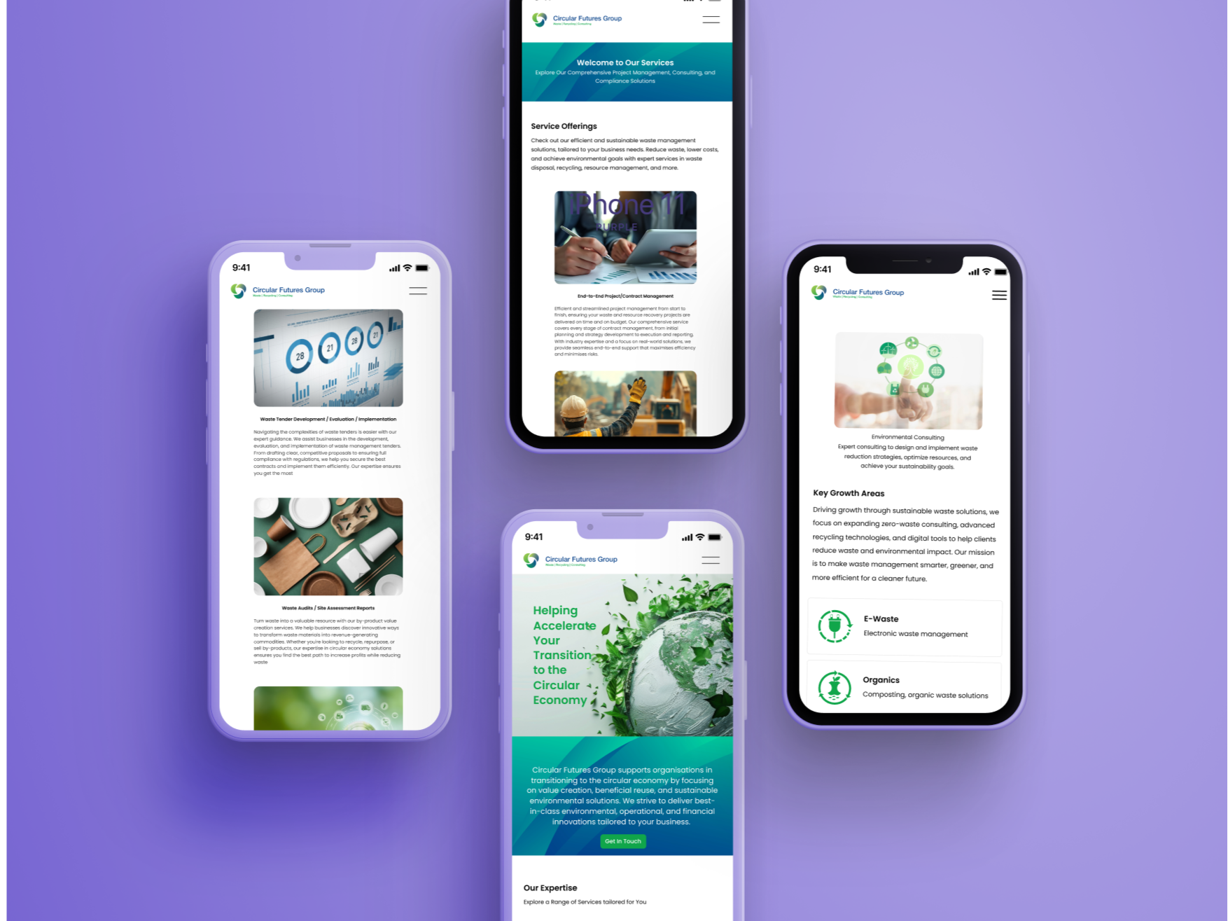 Multiple smartphones displaying environmental consulting and waste management company website, with a purple background.