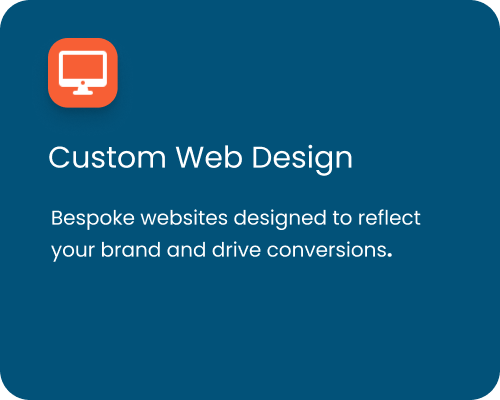 Web design service advertisement with an orange computer icon, promoting custom websites to reflect brands and boost conversions.