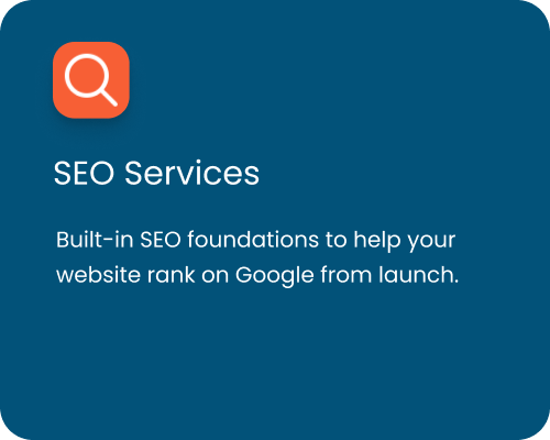 SEO Services icon with magnifying glass, text about built-in SEO foundations to improve website ranking on Google.