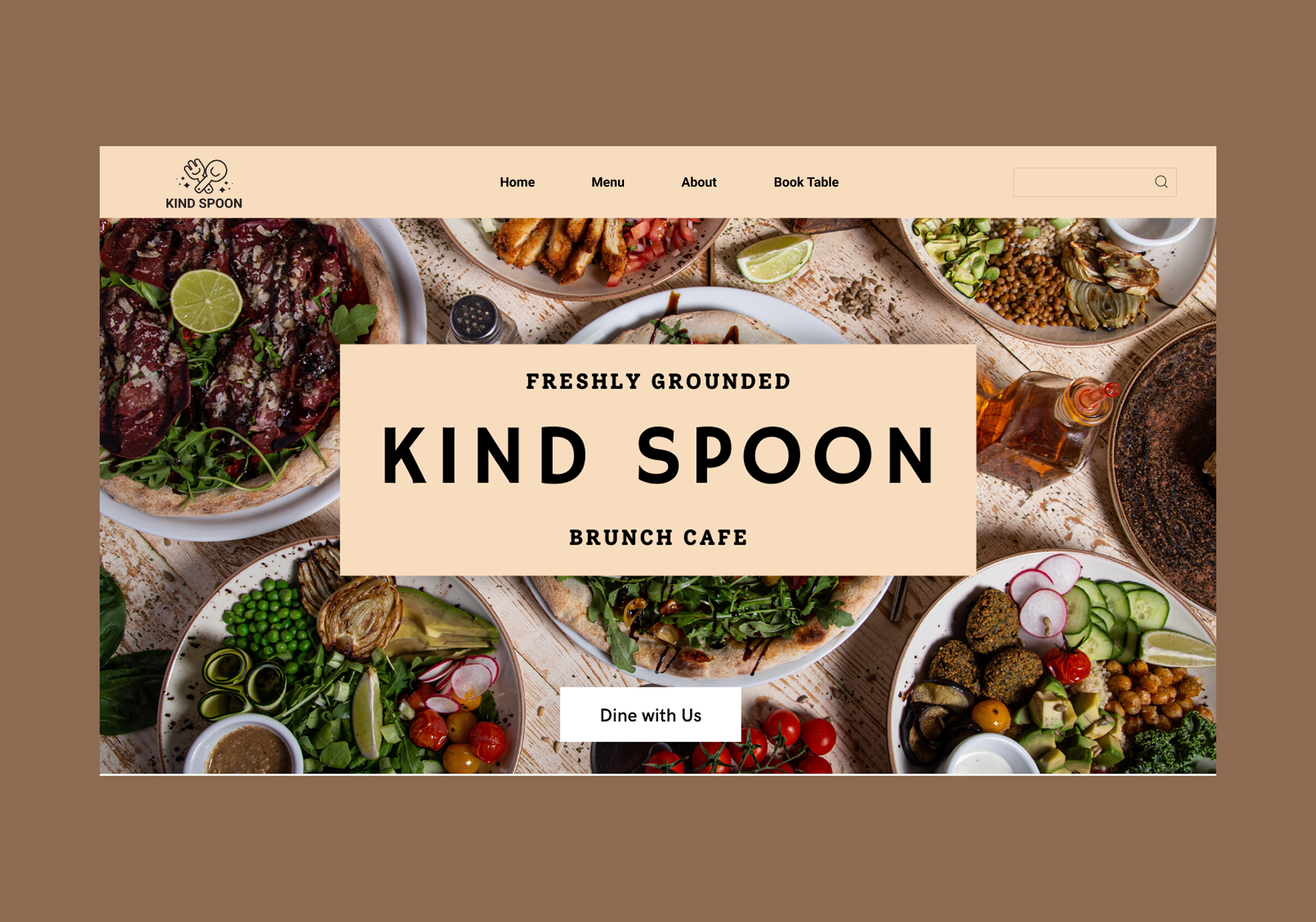 Website homepage for Kind Spoon Brunch Cafe featuring a background of various plates of food including pizza, salads, and appetizers, with a beige header containing the cafe logo and navigation menu.
