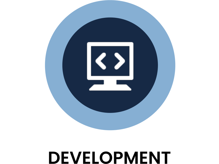 Icon of a computer monitor with code brackets on the screen inside a blue circle.