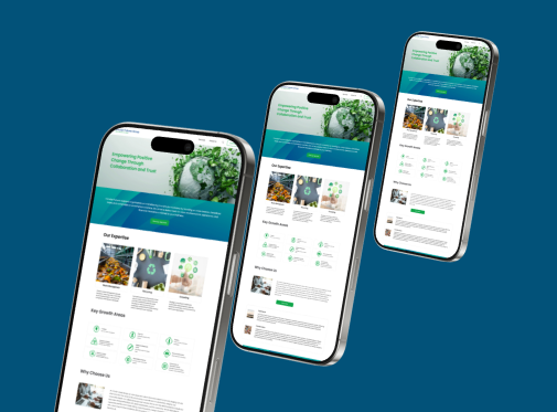 Three smartphones displaying a green-themed website on a blue background.
