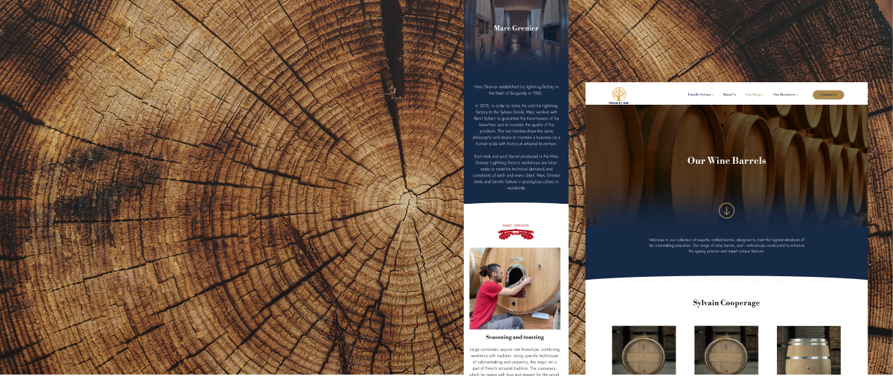 A webpage displaying information about wine barrels, with an image of stacked wine barrels and sections of text describing the process of making them, along with images of wine barrels and a person inspecting a barrel.