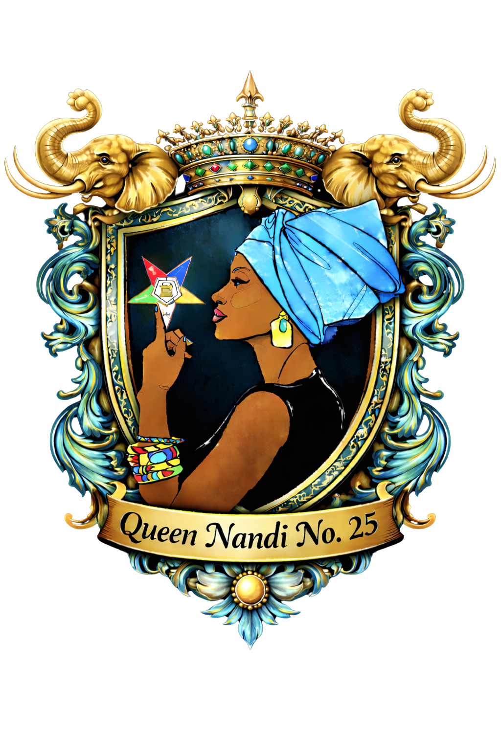 A digital illustration of a woman of African descent wearing a blue headwrap, gold earrings, and colorful jewelry, holding a star-shaped badge with a police badge symbol. The illustration is framed with an ornate crest featuring elephants and a crown, with a banner at the bottom reading "Queen Nandi No. 25."