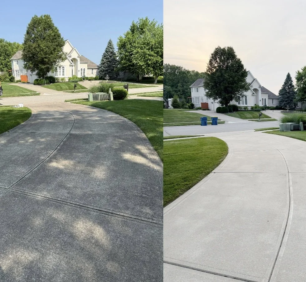 Before and after pressure washing of a concrete driveway in Carmel Indiana showing stain removal and restoration