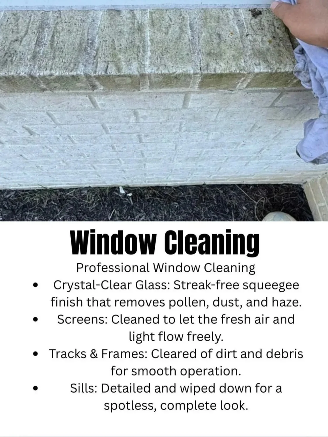 Professional window cleaning sign detailing streak-free glass, clean screens, and sill detailing in Carmel and Indianapolis.