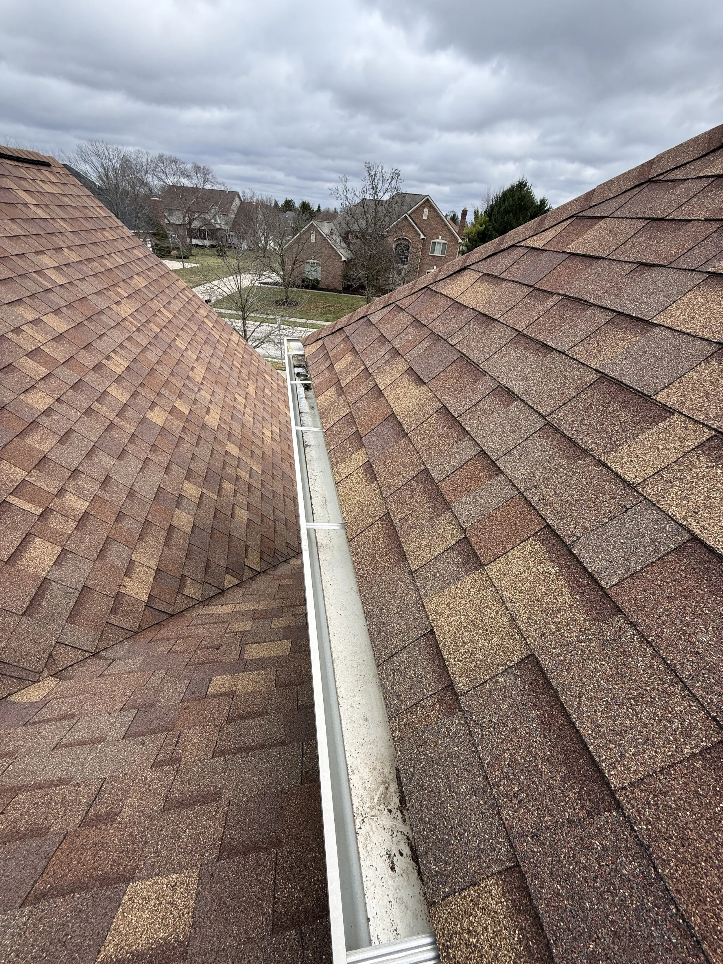 Gutter cleaning service on residential roof removing debris from gutters