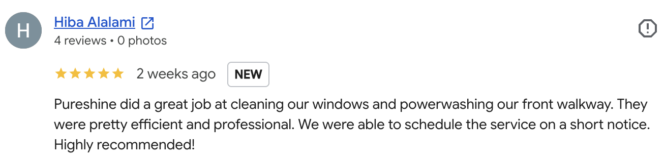 Five-star customer review by Hiba Alalami highlighting professional exterior cleaning and power washing by PureShine in Central Indiana.