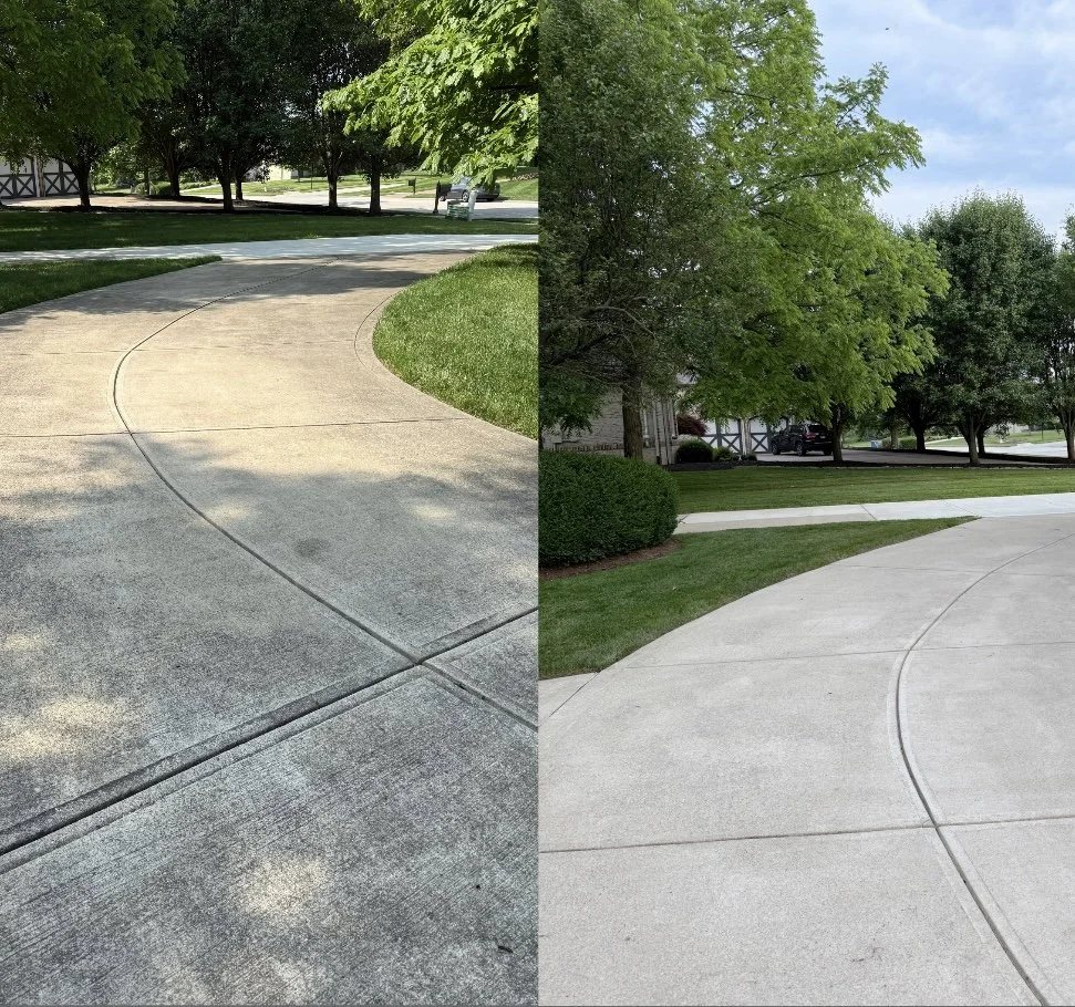 Before and after pressure washing concrete sidewalk and driveway showing dirty versus clean surface
