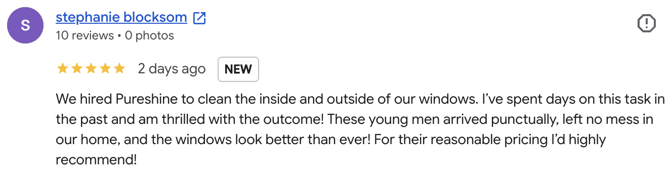 5-star Google review praising PureShine for exceptional punctuality, high-quality work, and affordable pricing during a residential exterior cleaning service in Carmel and Indianapolis.