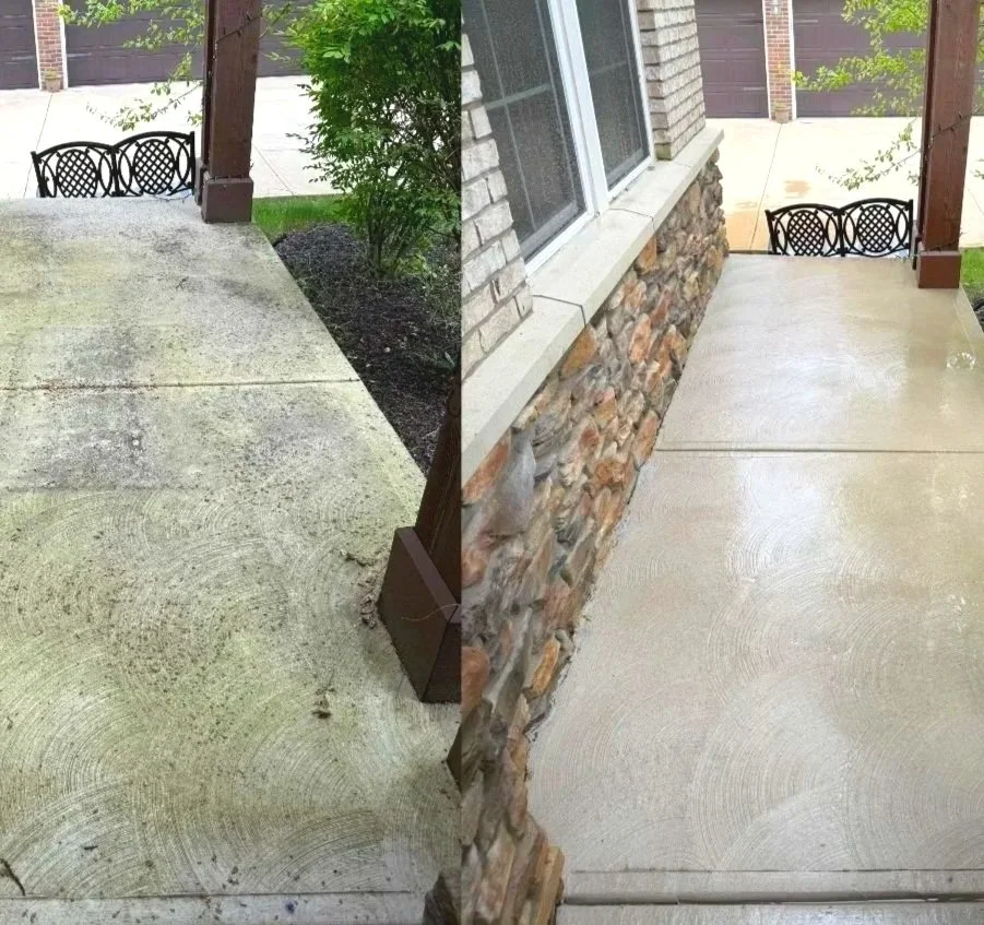 Before and after power washing front porch removing green algae and restoring concrete
