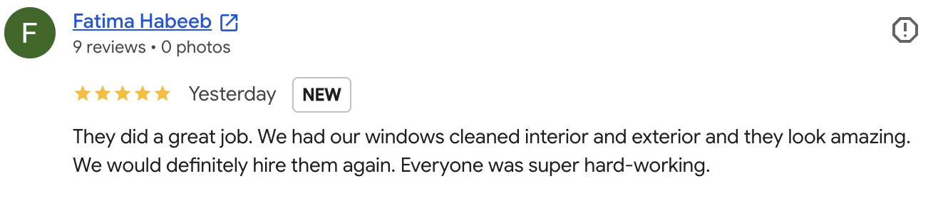 5-star Google review from Fatima Habeeb praising PureShine's hard-working staff for an exceptional interior and exterior window cleaning job in Carmel and Indianapolis.