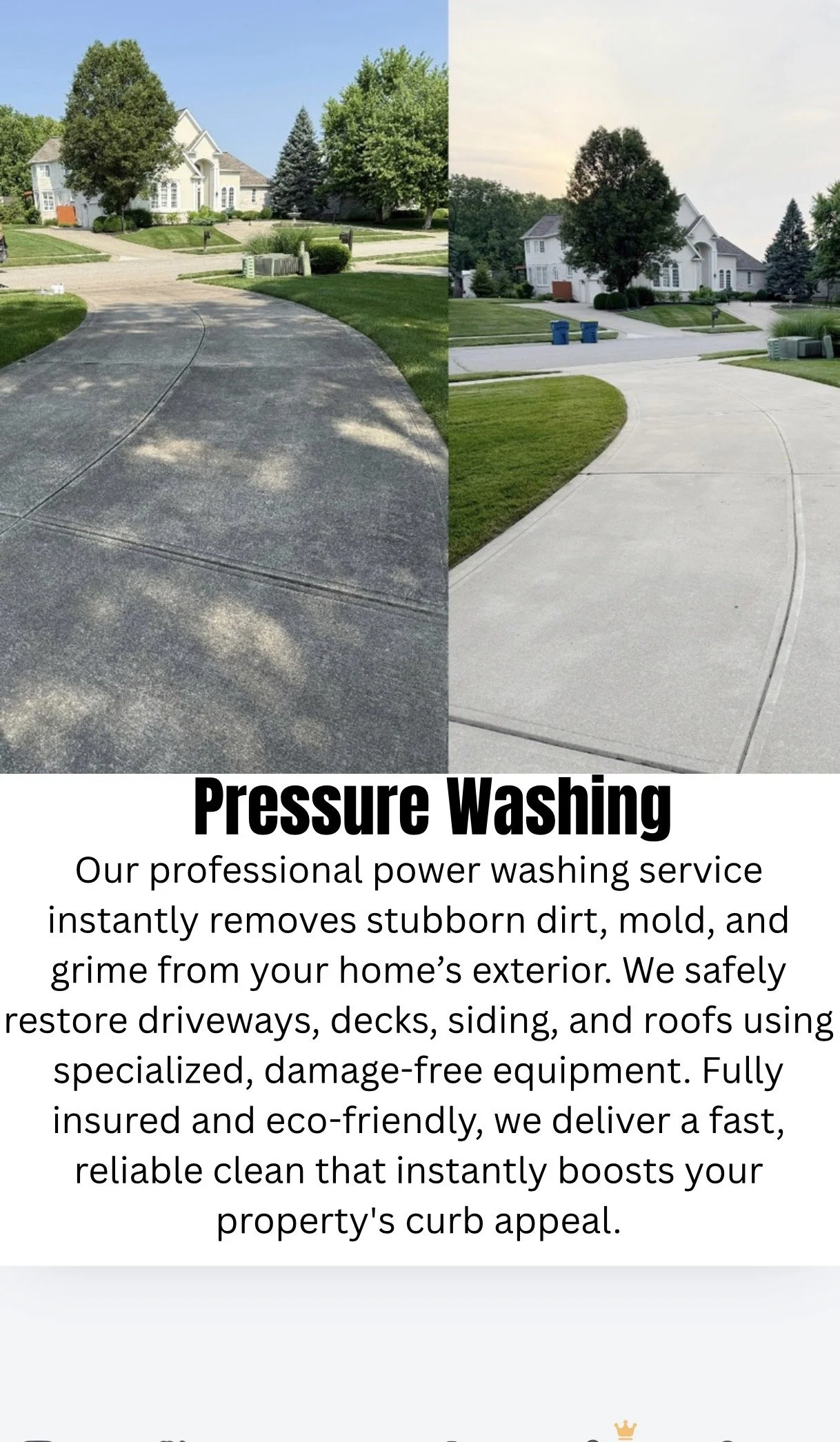 Before and after concrete driveway pressure washing results from a professional cleaning service in Carmel and Indianapolis.