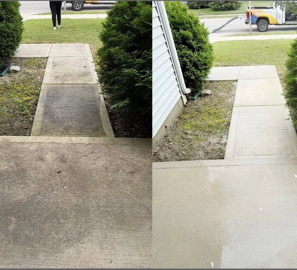 Before and after pressure washing concrete sidewalk showing dirty versus clean surface
