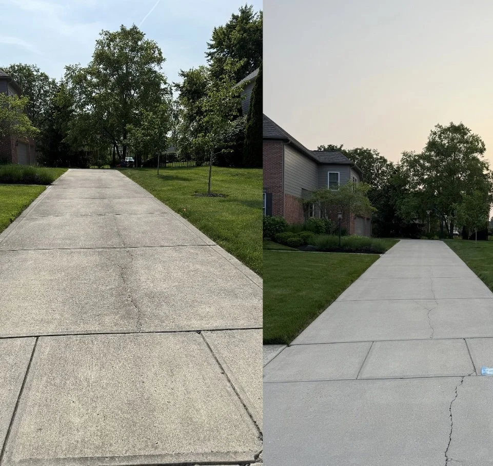 Before and after pressure washing a concrete driveway showing dirty versus clean surface
