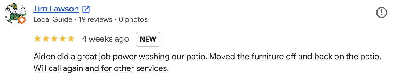 5-star Google review praising PureShine for professional patio power washing and careful furniture handling, with the customer noting a flawless cleanup in Carmel and Indianapolis.