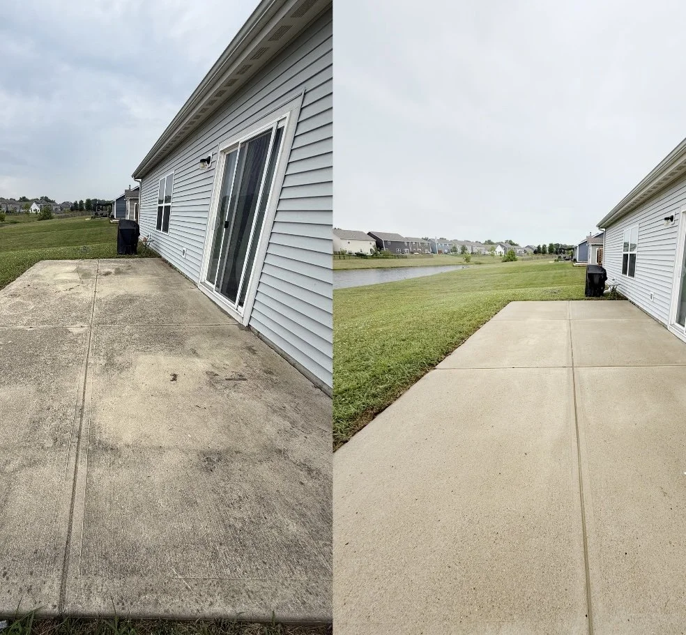 Before and after of a concrete patio power washed by PureShine, from dark and stained to bright and clean