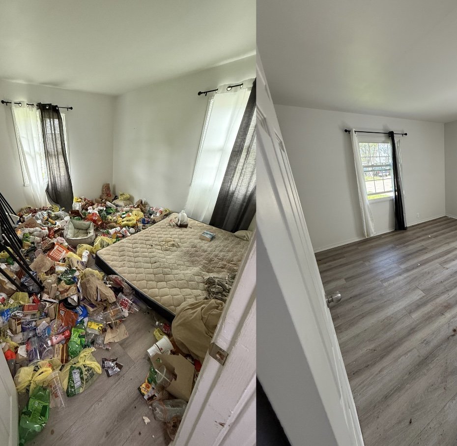 Before and after junk removal service showing a cluttered room cleared and cleaned