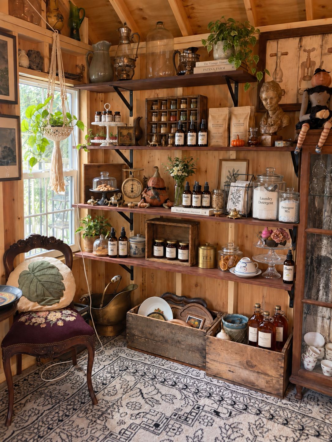 Inside Bessie’s Cottage: pantry favorites, home goods, and vintage finds on wooden shelves.