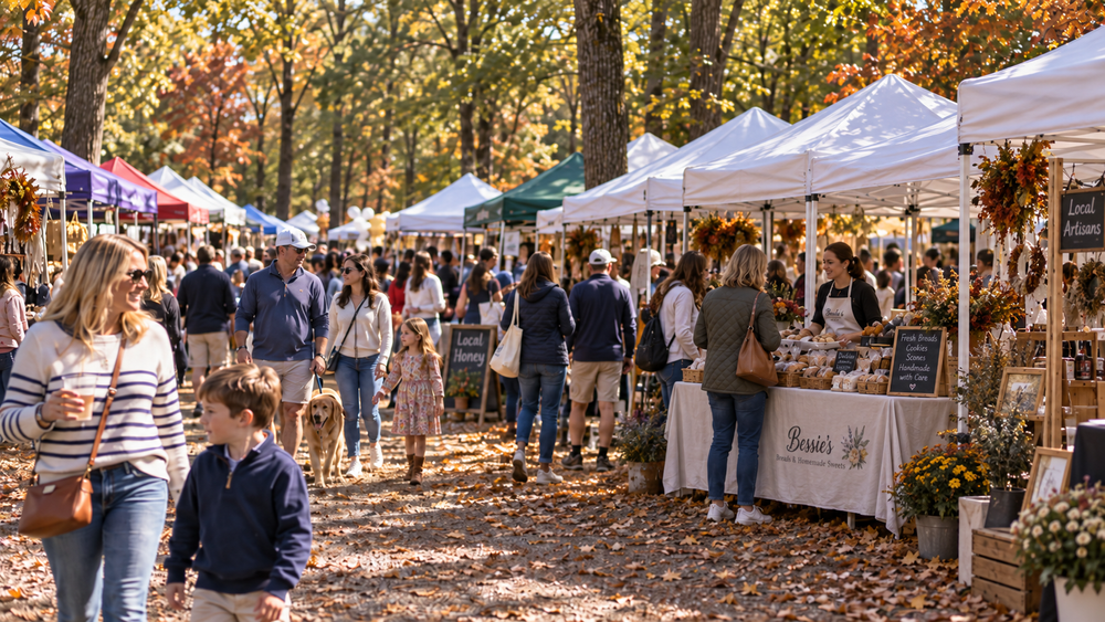 Outdoor market gathering among the trees