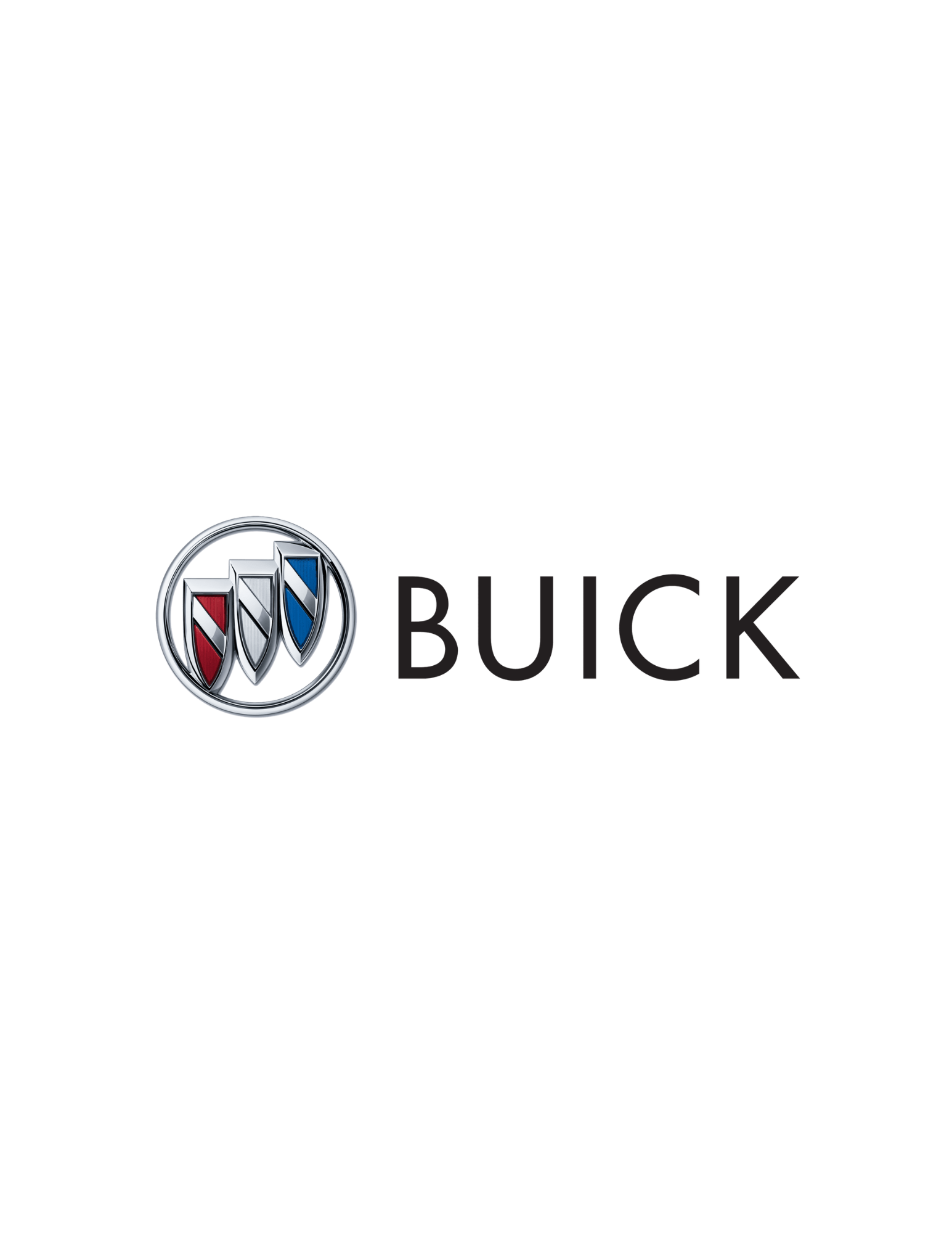 Buick logo with three chrome shields in red, silver, and blue.