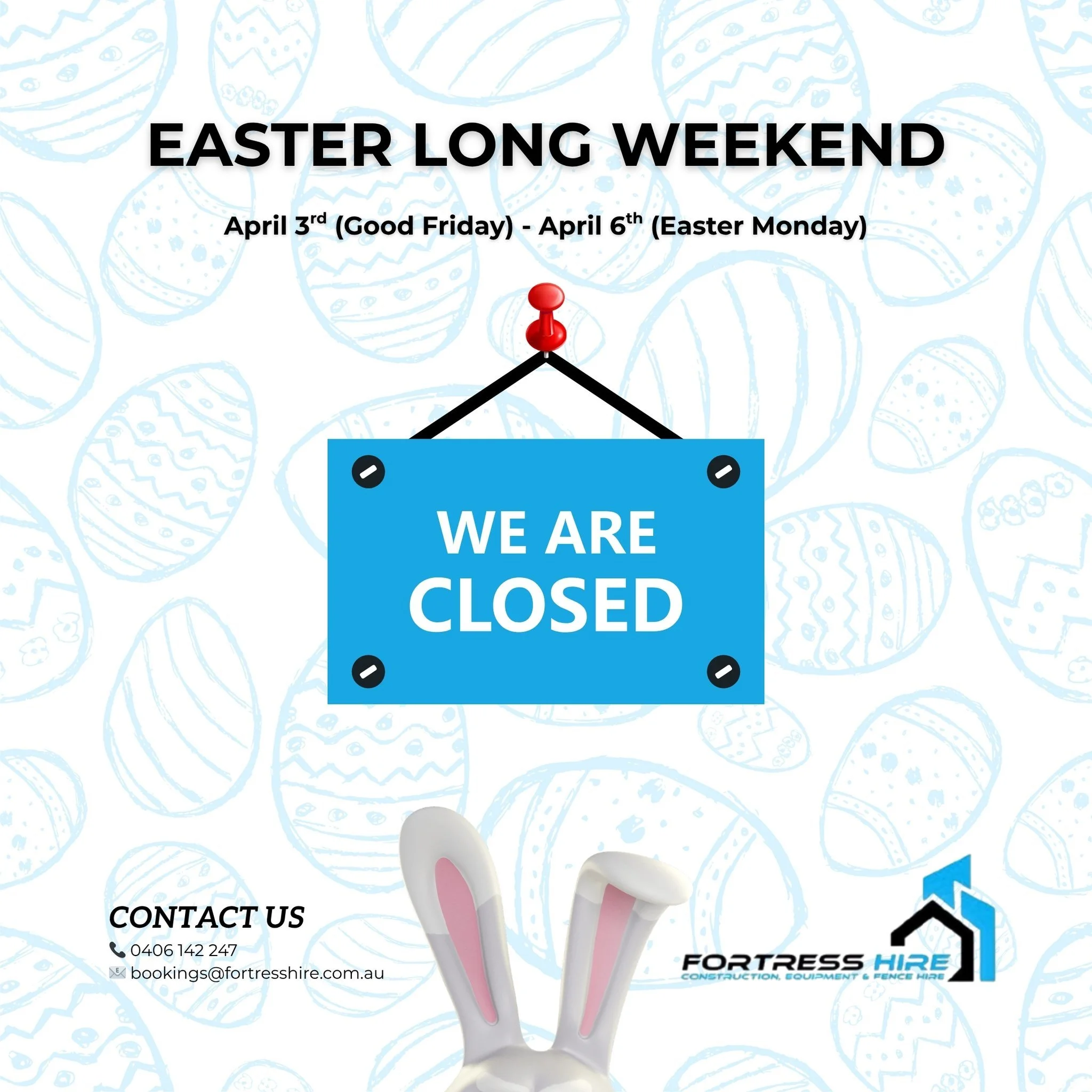 Easter Long Weekend Notice 🐣

We&rsquo;ll be closed from Friday, April 3 to Monday, April 6.

We&rsquo;ll reopen on Tuesday and be ready to help with your next project.

If you have something planned, please book in advance.

Have a safe and happy E