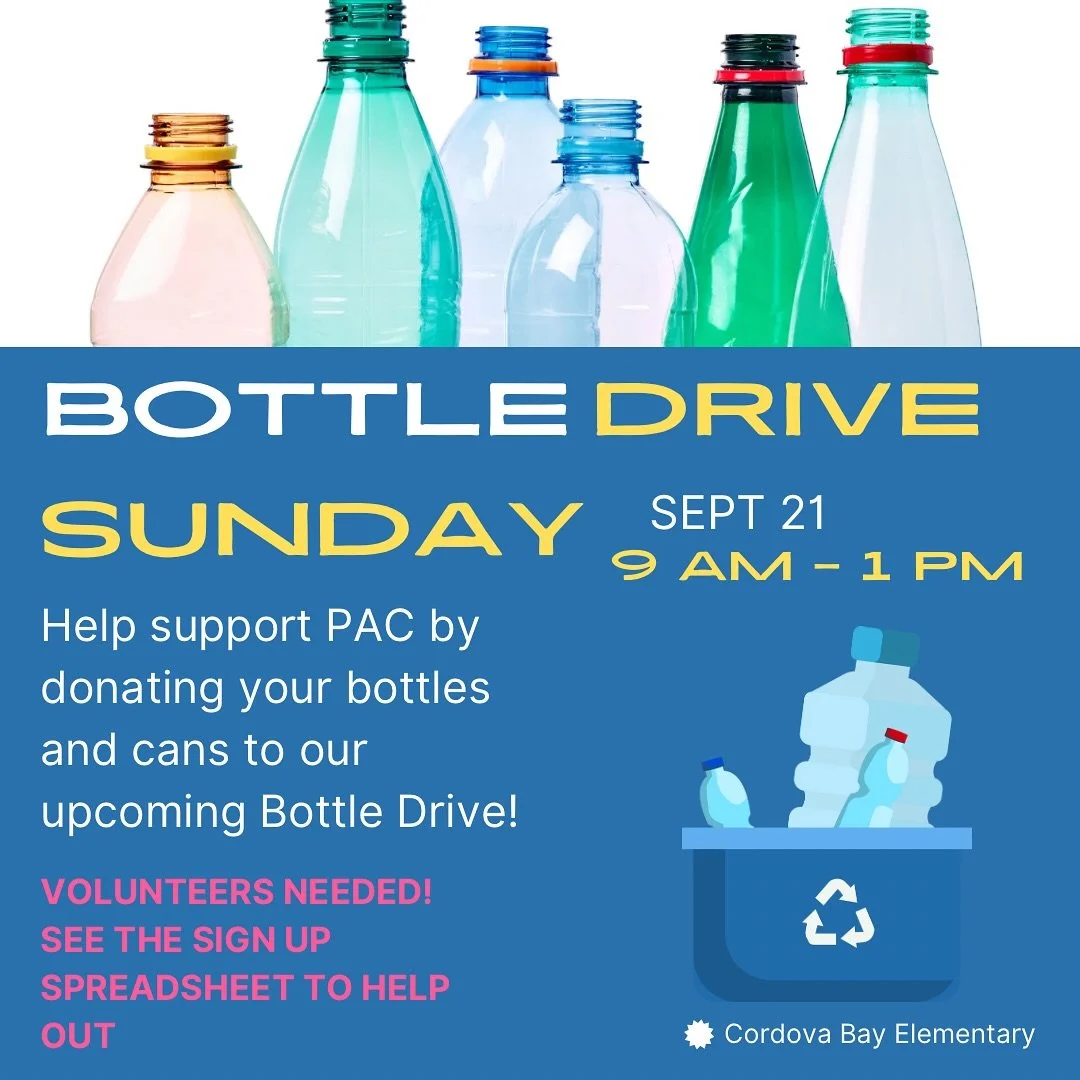 Bottle Drive this Sunday, Sept 21st, 9am–1pm!
Help support your school and PAC! Bring us your empties—we promise they’ll have a full impact π
We also need parent volunteers to make it a success—please sign up on the spreads