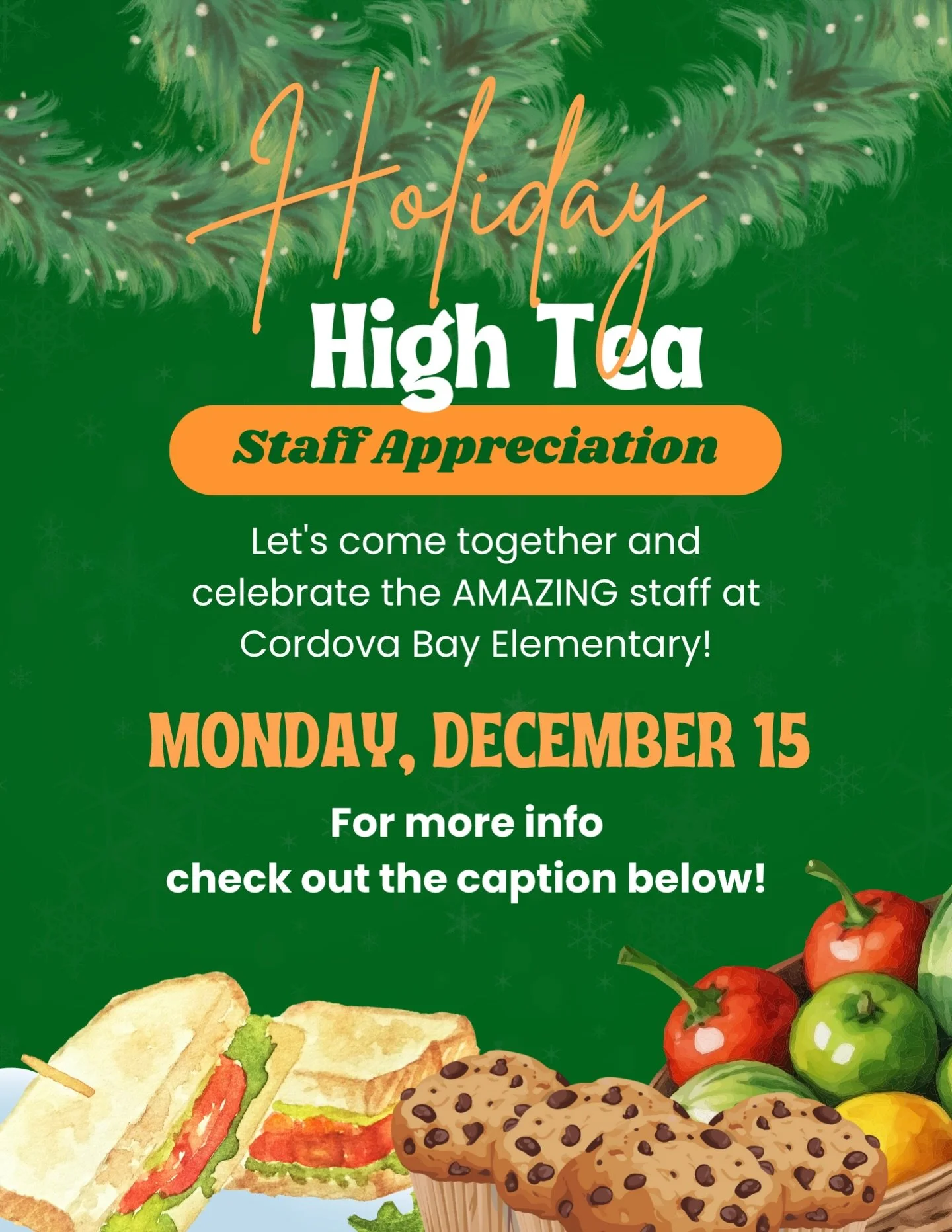 ✨ Our PAC is hosting a Christmas High Tea to show love to the amazing staff at Cordova Bay Elementary! ✨
Please sign up to help if you can.
Drop-offs: Mon, Dec 15 &bull; 8:30&ndash;10am &bull; Learning Commons
Don&rsquo;t forget to label your dishes 