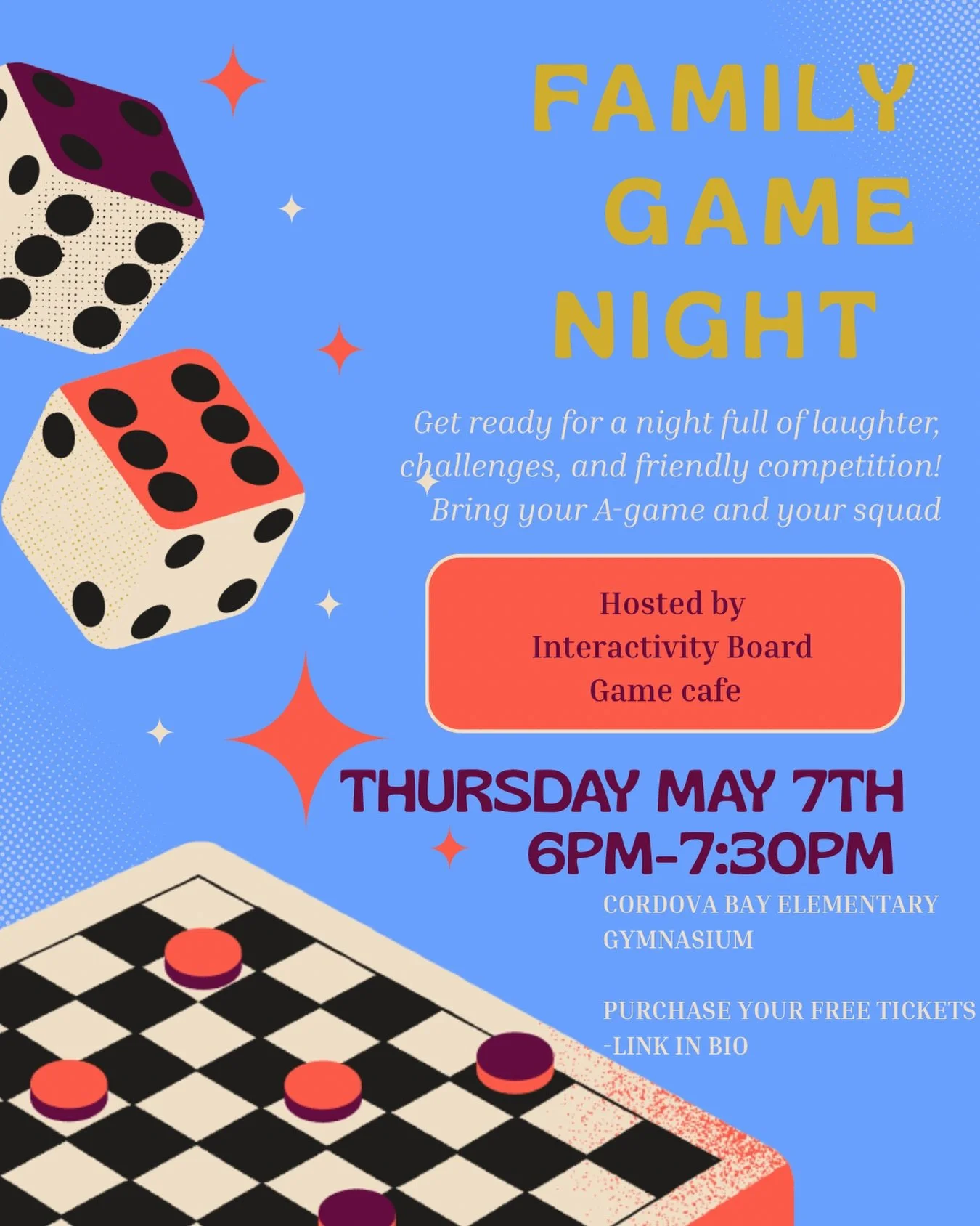 Join us for a family friendly board game night! Interactivity Board Game Cafe is hosting
Interactivity Board Game Cafe will be bringing a variety of boardgames for students and their families to enjoy. This is a free family friendly event with instru