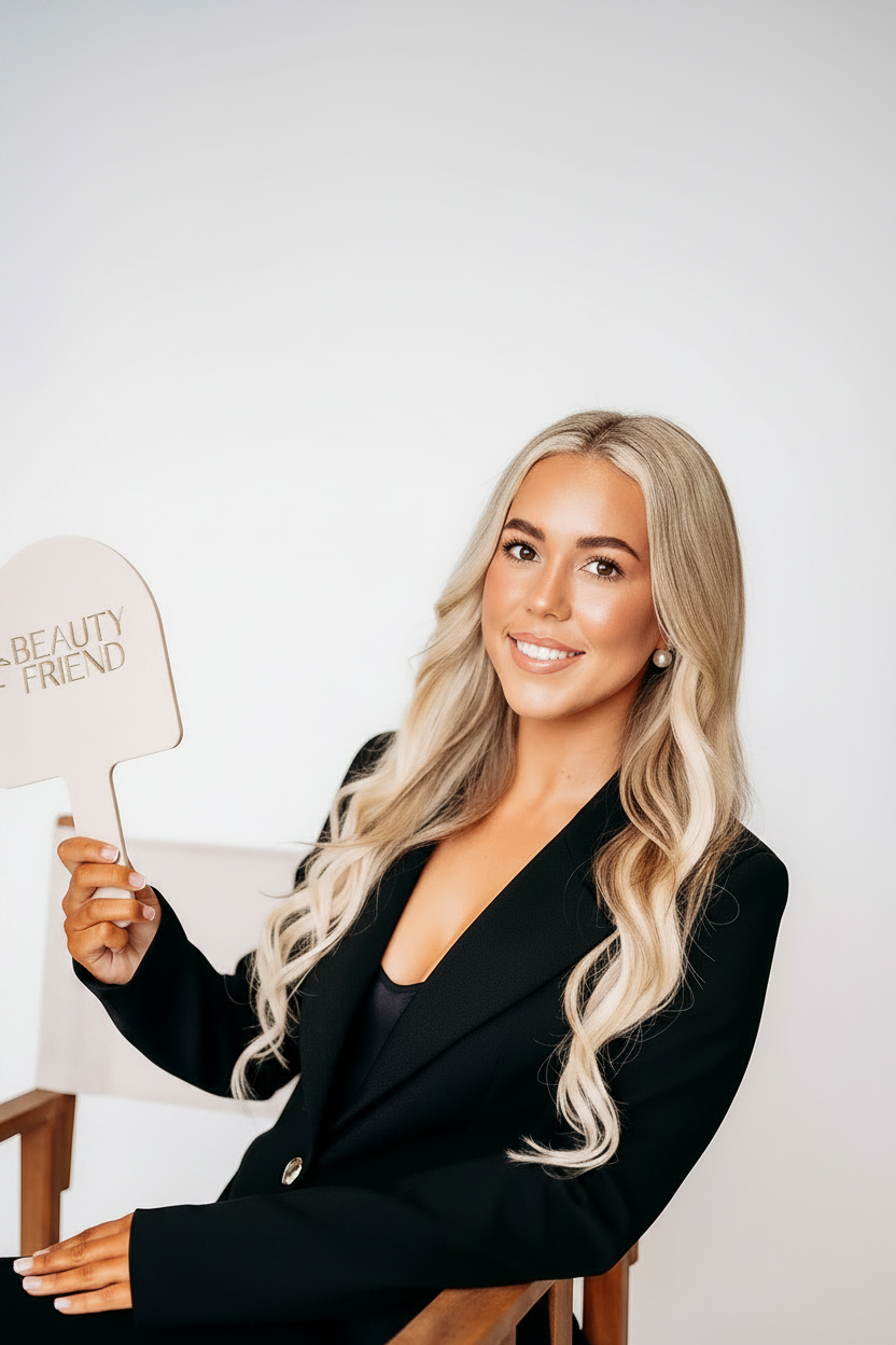 A smiling woman with long blonde hair wearing a black blazer, holding a sign that says 'BEAUTY FRIEND' in front of a plain white background.