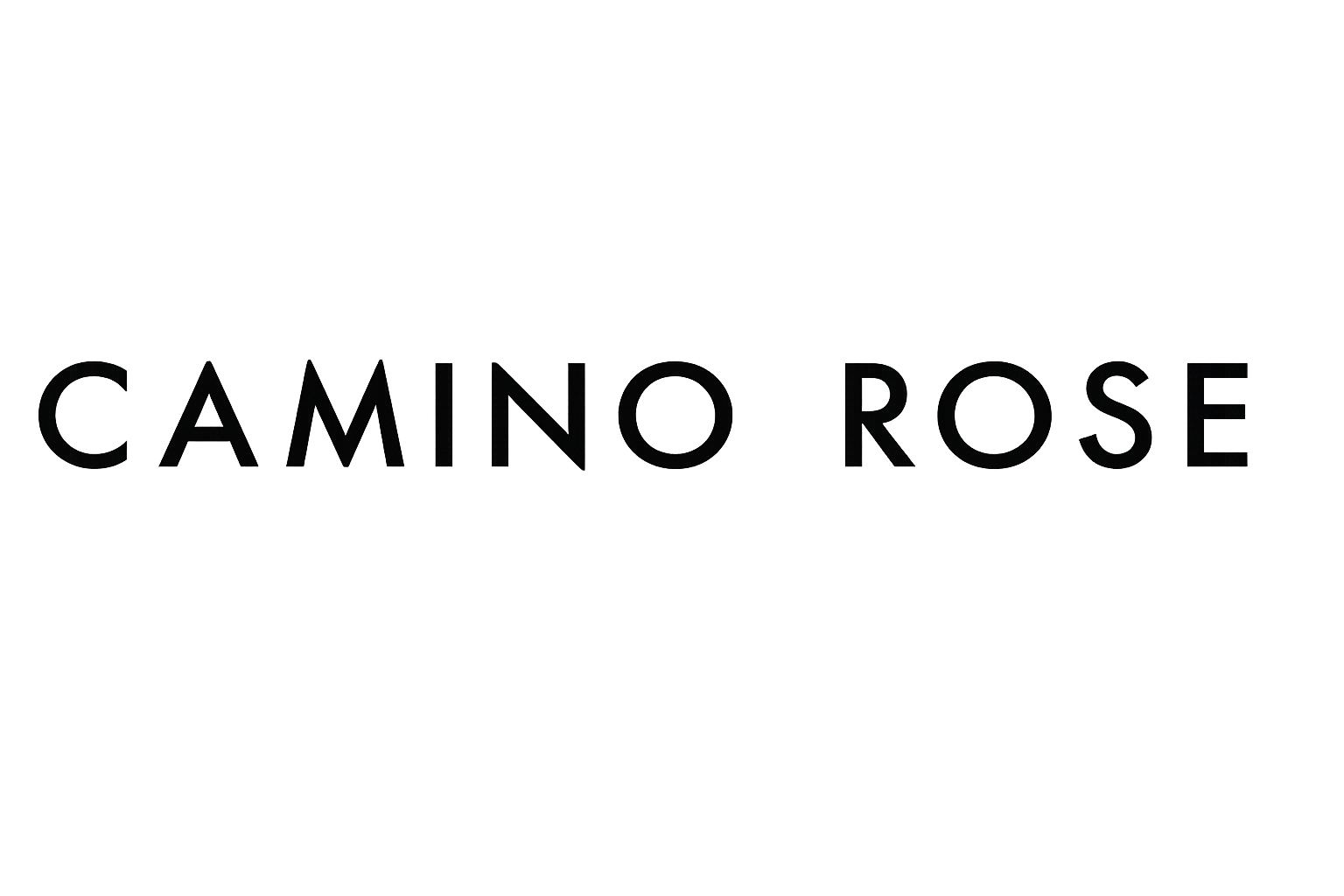 Black logo with a simplified depiction of a wine bottle, a flower, and a mountain, with the text 'CAMINO ROSA' beneath.