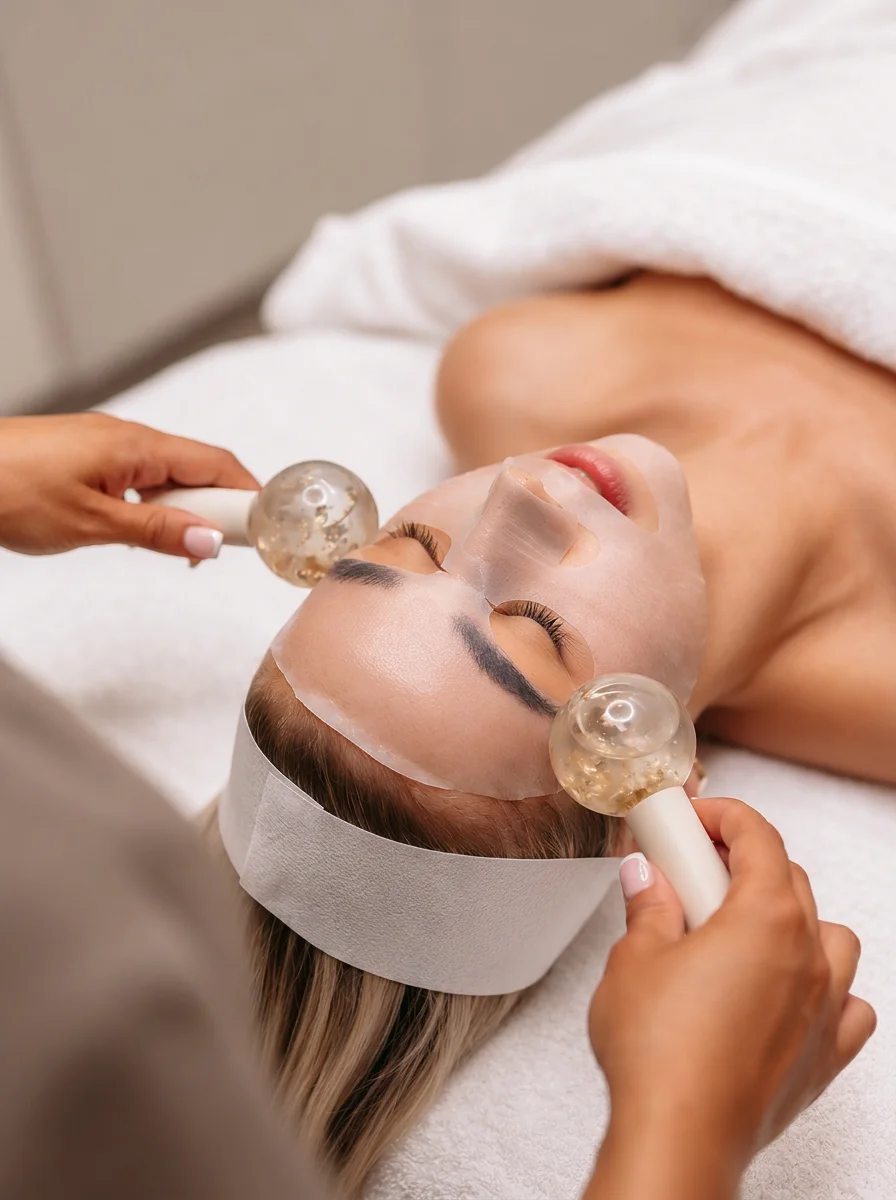 A woman lying on a spa bed receiving a facial treatment with jade rollers and a facial sheet mask.