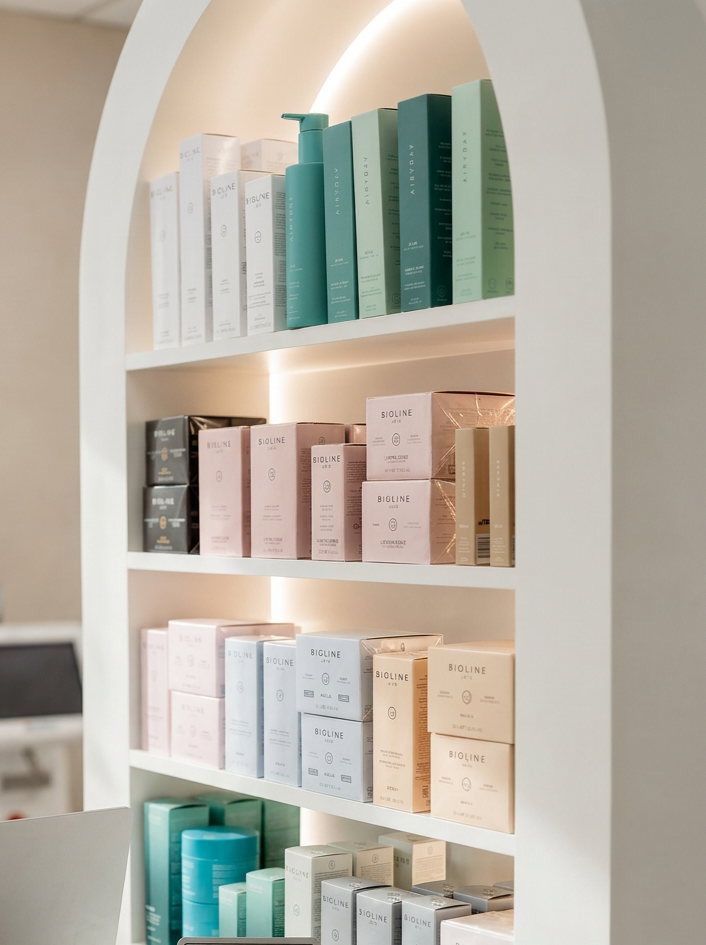 Shelves displaying various skincare products in pastel and neutral-colored packaging.