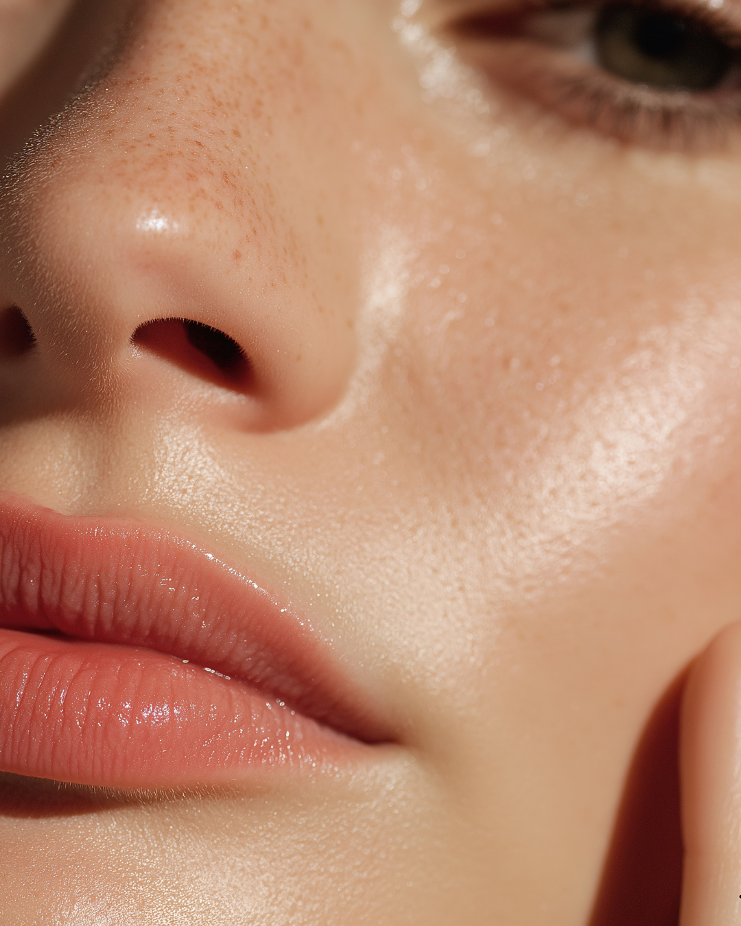 Close-up of a woman's face showing her nose, lips, and part of her eye, highlighting clear skin and natural features.